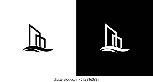 Diseño de logotipos de edificios y olas para bienes raíces, desarrollo costero y marca de propiedades