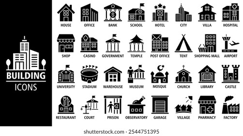 Construindo ícone de banner da Web definir ilustrações de conceito de vetor. Contendo ícones de casa, escritório, banco, escola, hotel, loja, universidade e hospital. Coleção de ícones do Solid. Plano de fundo de vetor simples.