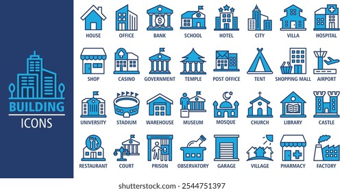 Ilustraciones de concepto de Vector de conjunto de iconos de Anuncio de Web de construcción. Contiene iconos de casa, oficina, banco, escuela, hotel, tienda, universidad y hospital. Colección de iconos sólidos. Fondo de Vector simple.