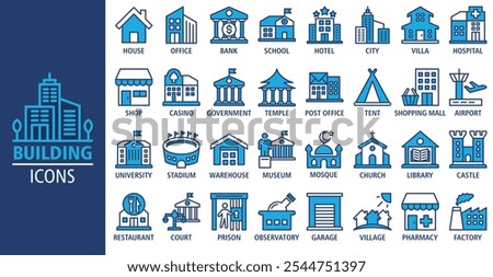 Building web banner icon set vector concept illustrations. Containing house, office, bank, school, hotel, shop, university and hospital icons. Solid icon collection. Simple Vector Background.