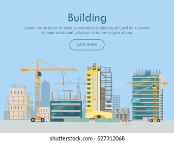 Building web banner. Skyscraper. Floors with glass. Rows and columns of metal. Skyscraper city infrastructure. Construction area with crane. Rows and columns of metal. Modern architecture. Vector