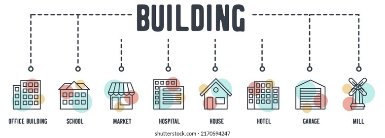 Icono de construcción de web. mensaje, edificio de oficinas, escuela, mercado, hospital, casa, hotel, garaje, concepto de ilustración vectorial de molino de viento.