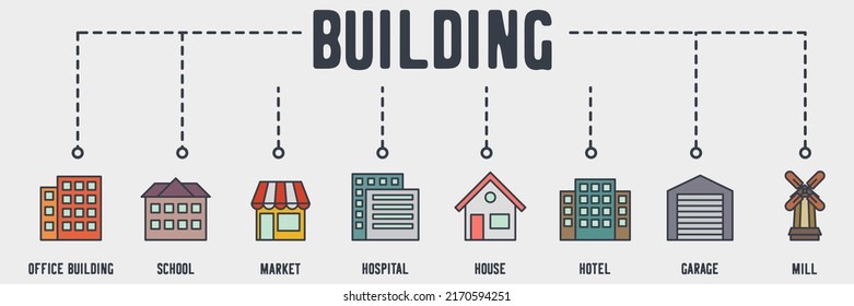 Building web icon. message, office building, school, market, hospital, house, hotel, garage, windmill vector illustration concept.