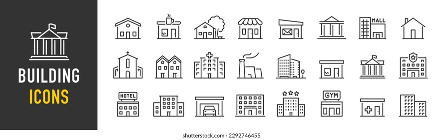 Building web icons in line style. Hotel, hospital, apartament, city, town house, mall, coffee, collection. Vector illustration.