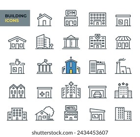 Building web icons in line style. Town house, hotel, apartament, city, hospital, mall, collection. Vector illustration. Images produced without the use of any form of AI. software