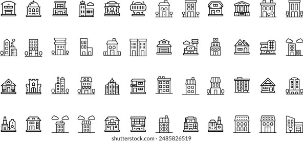 Building web icons in line style. Hotel, hospital, apartament, city, town house, mall, coffee, collection. Vector illustration.	