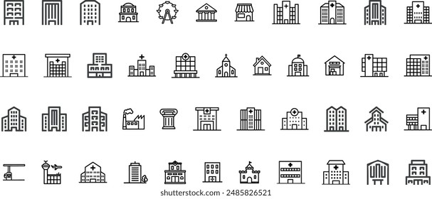 Building web icons in line style. Hotel, hospital, apartament, city, town house, mall, coffee, collection. Vector illustration.	