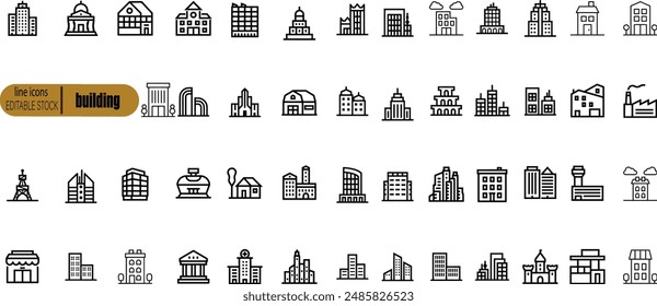 Building web icons in line style. Hotel, hospital, apartament, city, town house, mall, coffee, collection. Vector illustration.	