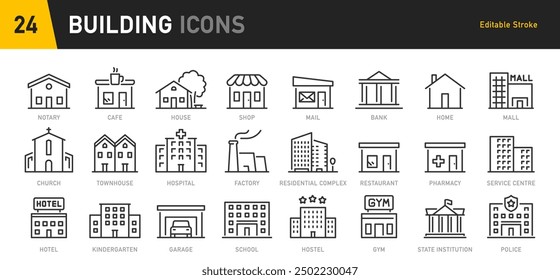 Building web icons in line style. Hotel, hospital, apartament, city, town house, mall, coffee, collection. Vector illustration.