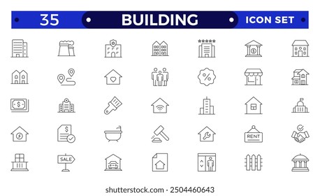 Building web icons in line style. Hotel, hospital, apartment, city, town house, mall, coffee, collection.
