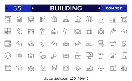 Building web icons in line style. Hotel, hospital, apartment, city, town house, mall, coffee, collection.
