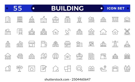 Construyendo iconos web en estilo de línea. Hotel, hospital, departamento, ciudad, casa de ciudad, centro comercial, café, colección.
