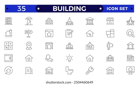 Building web icons in line style. Hotel, hospital, apartment, city, town house, mall, coffee, collection.
