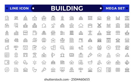 Building web icons in line style. Hotel, hospital, apartment, city, town house, mall, coffee, collection.
