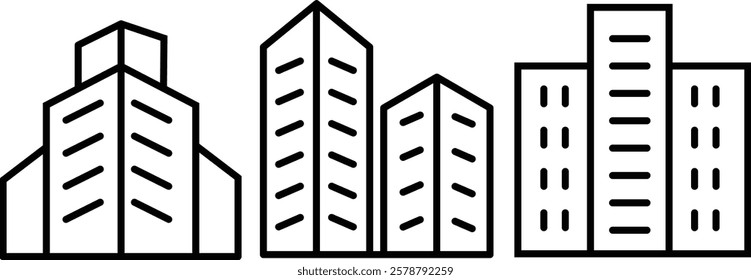 Building web icons in line style. Business buildings, Hotel, hospital, apartament, city, town house. Editable stroke width
