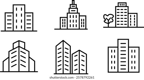 Building web icons in line style. Business buildings, Hotel, hospital, apartament, city, town house. Editable stroke width
