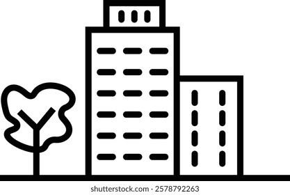 Building web icons in line style. Business buildings, Hotel, hospital, apartament, city, town house. Editable stroke width
