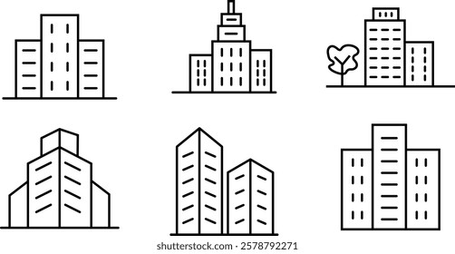 Building web icons in line style. Business buildings, Hotel, hospital, apartament, city, town house. Editable stroke width
