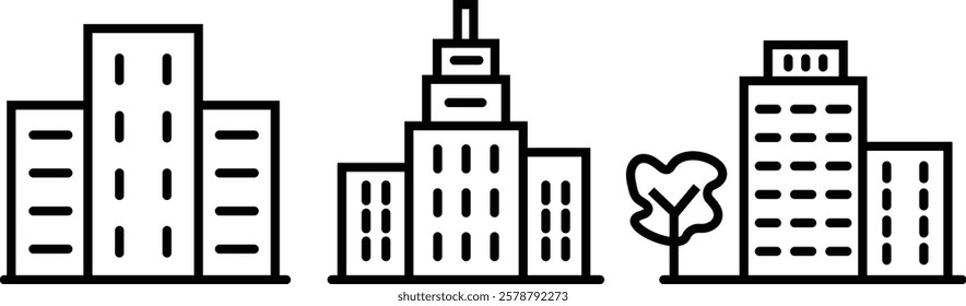 Building web icons in line style. Business buildings, Hotel, hospital, apartament, city, town house. Editable stroke width
