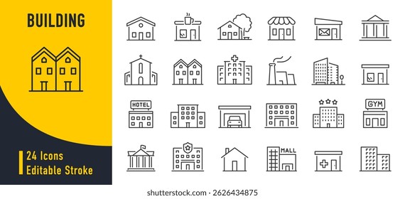 Building web icons in line style. Hotel, hospital, apartament, city, town house, mall, coffee, collection. Vector illustration.	
