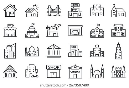 Construyendo iconos web estilo de línea. Aeropuerto, oficina, hotel, hospital, seguro, casa de ciudad, centro comercial, café. Ilustración vectorial.