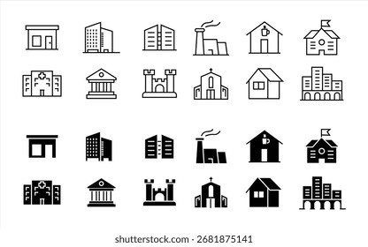 Building web icons in line style. Hotel, hospital, apartment, city, townhouse, mall, coffee shop, collection. Vector illustration