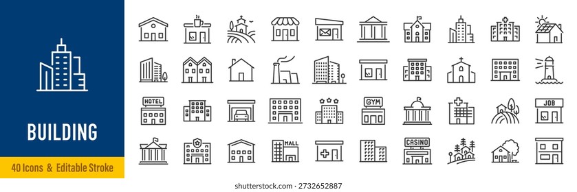 Building web icons in line style. Hotel, hospital, apartament, city, town house, mall, coffee, collection. Vector illustration.	