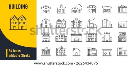 Building web icons in line style. Hotel, hospital, apartament, city, town house, mall, coffee, collection. Vector illustration.	