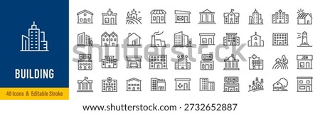 Building web icons in line style. Hotel, hospital, apartament, city, town house, mall, coffee, collection. Vector illustration.	