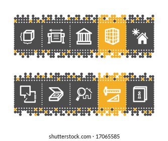 Construyendo iconos web en la barra de puntos gris y naranja. El archivo vector tiene capas, se incluyen todos los iconos de dos versiones.