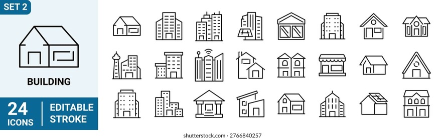 Building web Line Icons. Set of 24 outline icons. Linear icon collection. Editable stroke. Vector illustration