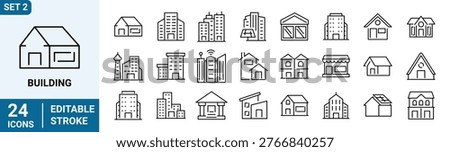 Building web Line Icons. Set of 24 outline icons. Linear icon collection. Editable stroke. Vector illustration