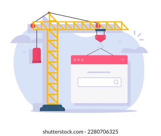 Building web site new vector or website development creation process via crane flat cartoon graphic illustration, digital service product, online application builder image  