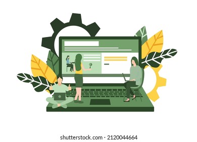 building a website by teamwork concept, engineers looking for bugs, laptop, search engine optimation concept, website design process. flat design vector illustration with green and yellow