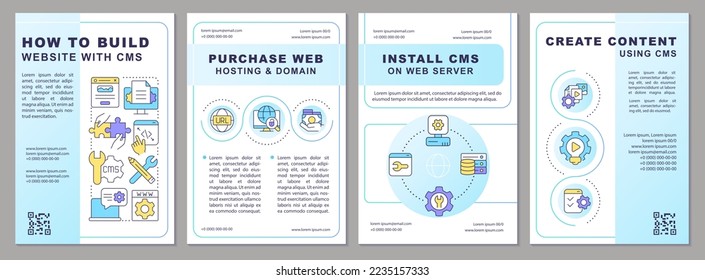 Building website with CMS blue brochure template. Digital tools.. Leaflet design with linear icons. Editable 4 vector layouts for presentation, annual reports. Arial, Myriad Pro-Regular fonts used