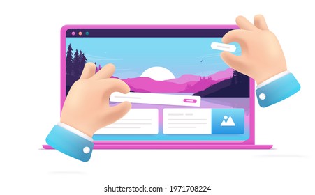 Building website - Hands doing web design on laptop screen, moving graphical elements around. Web development concept. Vector illustration.