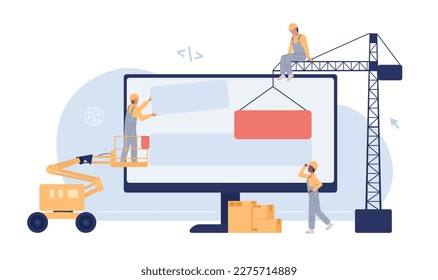 Building website with machines flat concept vector spot illustration. Under maintenance. Editable 2D cartoon characters on white for web design. Construction site creative idea for mobile, app