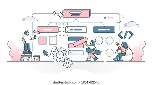 Building website project with coding, design and development outline concept. Web page interface configuration, software maintenance or professional IT work vector illustration. Taxons mapping process