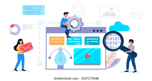 Building website project as programming homepage process Tiny person Vector illustration concepts for website and mobile website development Abstract design work activity and web elements layout 