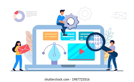 Building website project as programming homepage process Tiny person Vector illustration concepts for website and mobile website development Abstract design work activity and web elements layout