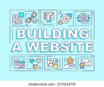 Building website word concepts cyan banner. Planning structure, content. Infographics with editable icons on color background. Isolated typography. Vector illustration with text. Arial-Black font used