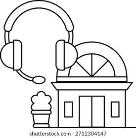 A building with a white door and windows. A small plant is in front of the building. A pair of headphones is on the left side of the image