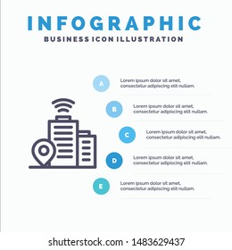 Building, Wifi, Location Line icon with 5 steps presentation infographics Background