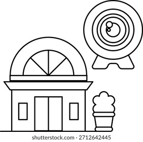 A building with a window and a camera. The camera is on the ground. The building is white
