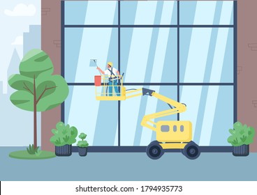 Building Windows Cleaning Flat Color Vector Illustration. Professional Cleaner On Lift 2D Cartoon Character With City On Background. Commercial Janitorial Service, Office Exterior Washing