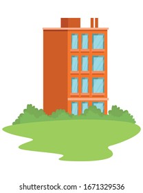 building with windows in grass icon vector illustration design