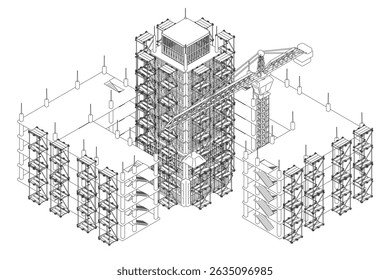 Um prédio com muitas janelas e uma torre grande. O prédio fica no meio de uma cidade. Vista isométrica. 3D