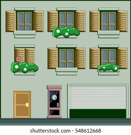 A building with windows and plants. And a telephone cab in the front. Vector flat illustration.