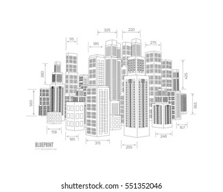 Building wireframe. 3d render city. Vector blueprint illustration