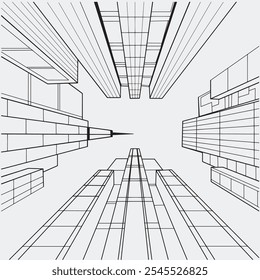 Building wireframe. City buildings perspective down top. Real estate social media design. Look up in sky from city of skyscrapers.